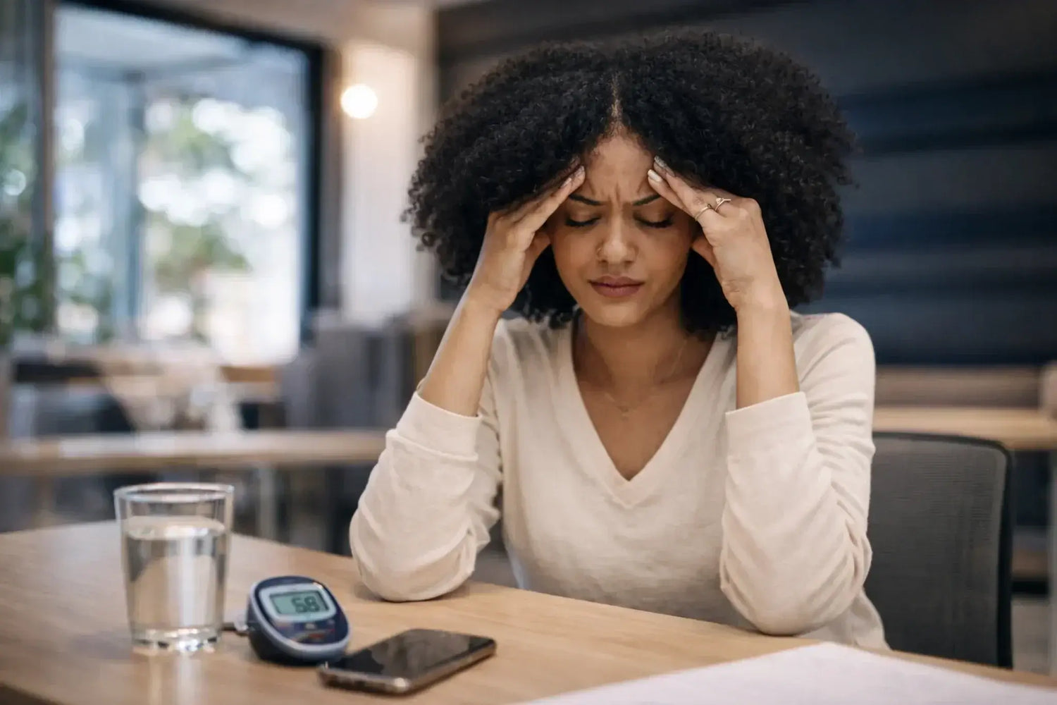 Frau am Schreibtisch hält sich die Stirn mit besorgter Mimik vor Glukosemessgerät