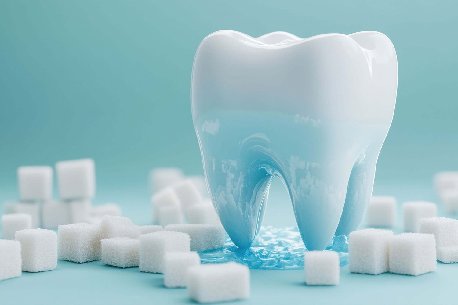 Darstellung eines überdimensionierten Zahns mit Zuckerwürfeln