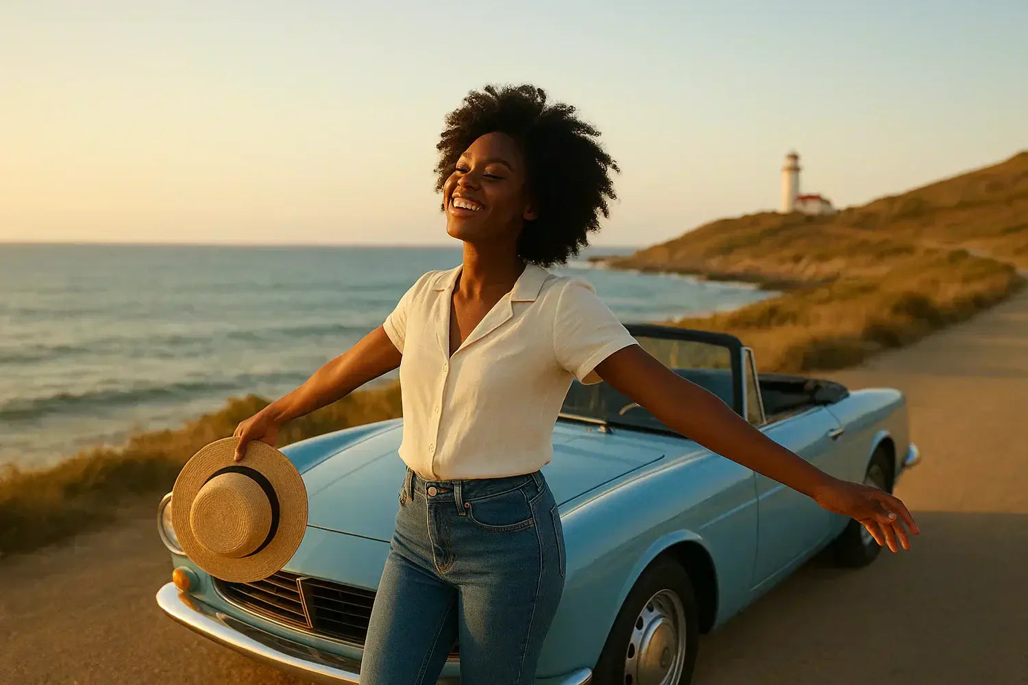 Lachende Frau vor Auto am Strand breitet die Arme aus