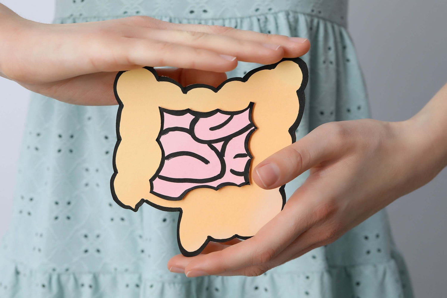 Frau hält schemenhafte Abbildung des Darms