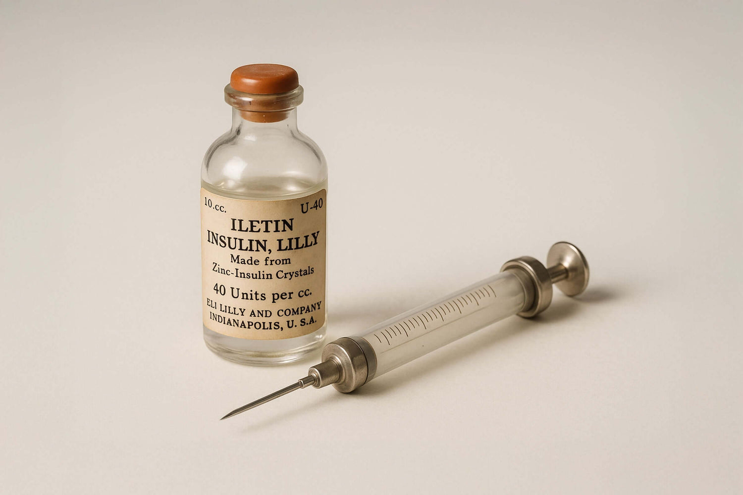 Historisches Bild der ersten Insulinpräparate von Lilly mit Spritze